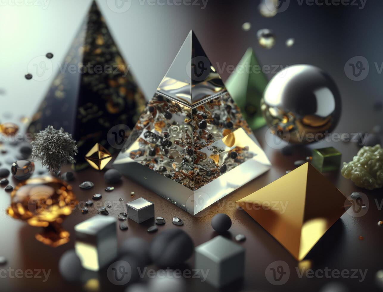 Abstract chaotic geometric background Glossy pyramids and spheres background created with technology photo