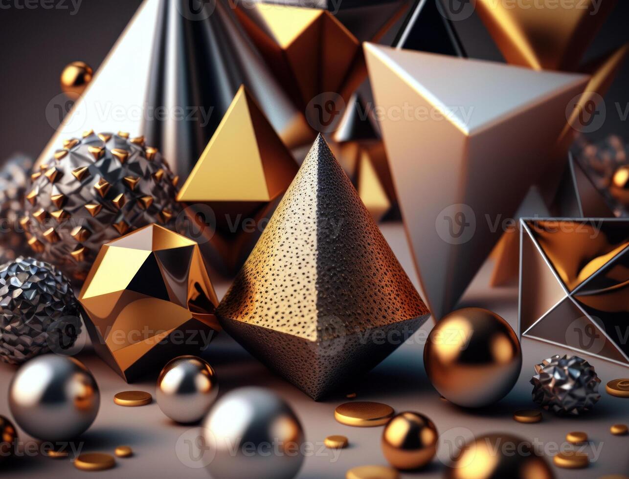 Abstract chaotic geometric background Glossy pyramids and spheres background created with technology photo