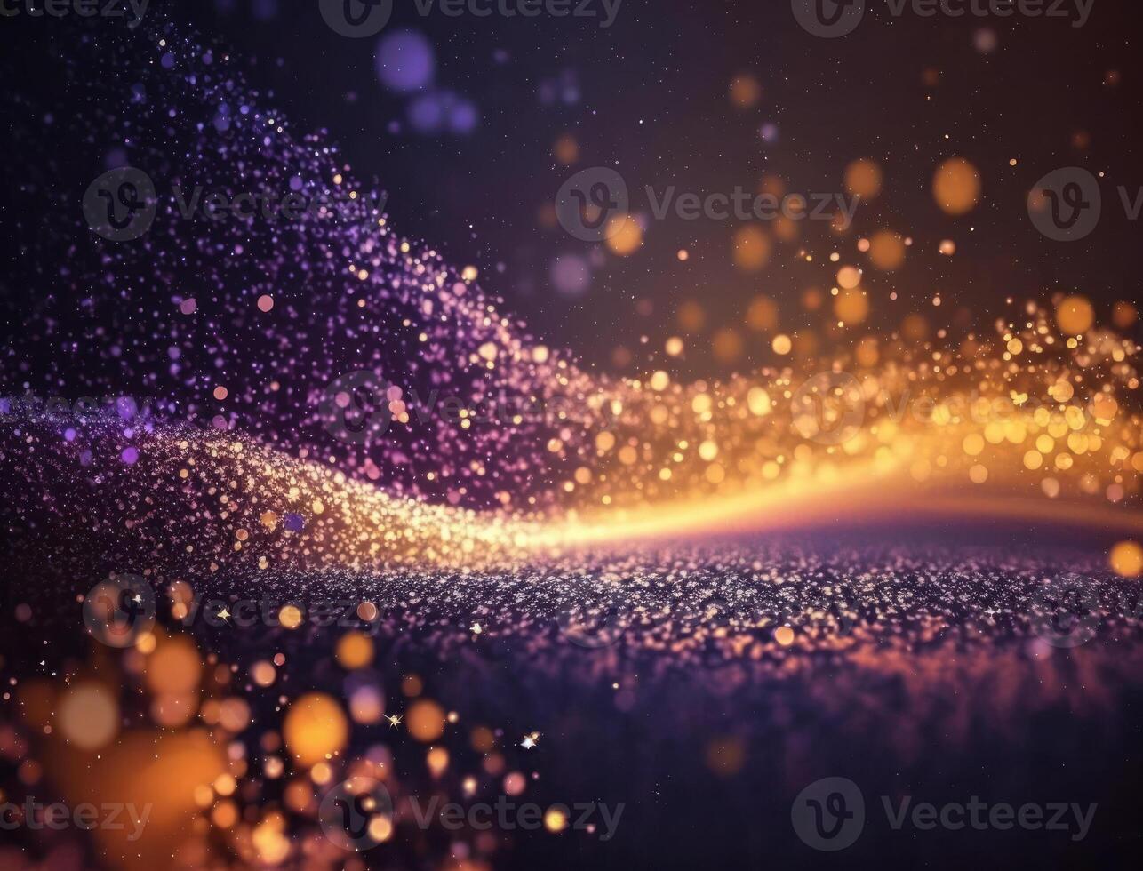 Dark blue and glow particle abstract background Blurry bokeh background with sparkles, particles and glitter created with technology photo