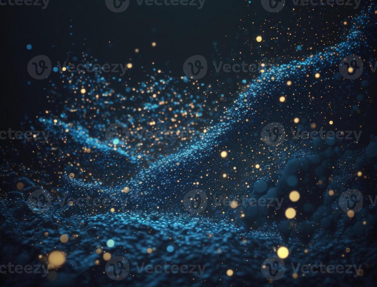 Dark blue and glow particle abstract background Blurry bokeh background with sparkles, particles and glitter created with technology photo