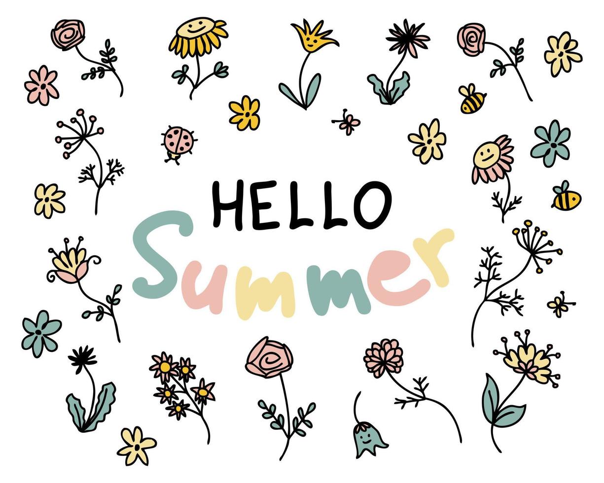 Hola verano eslogan impresión con flores silvestres en sencillo garabatear estilo. vector