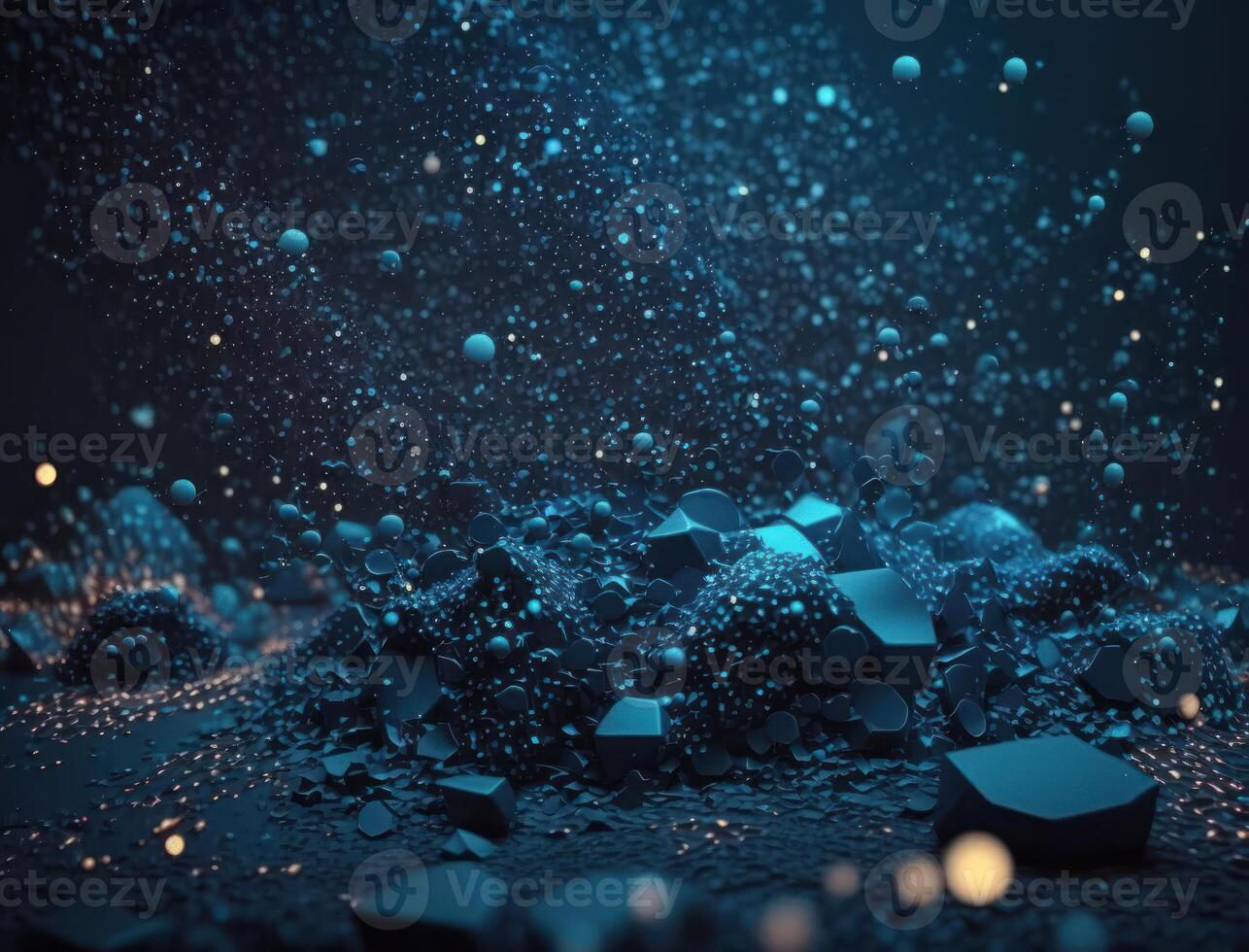 Dark blue and glow particle abstract background Blurry bokeh background with sparkles, particles and glitter created with technology photo