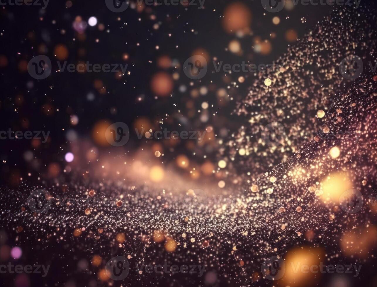 Dark blue and glow particle abstract background Blurry bokeh background with sparkles, particles and glitter created with technology photo