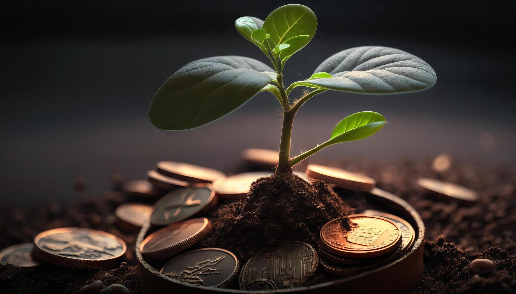 Growing Money - Plant On Coins - Finance And Investment Concept. photo