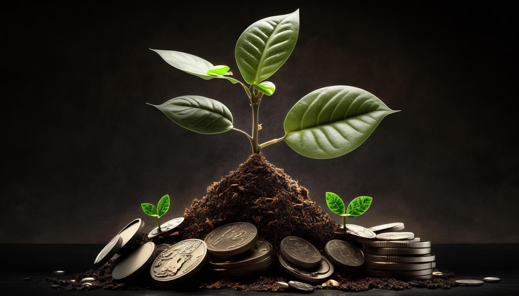 Growing Money - Plant On Coins - Finance And Investment Concept. photo