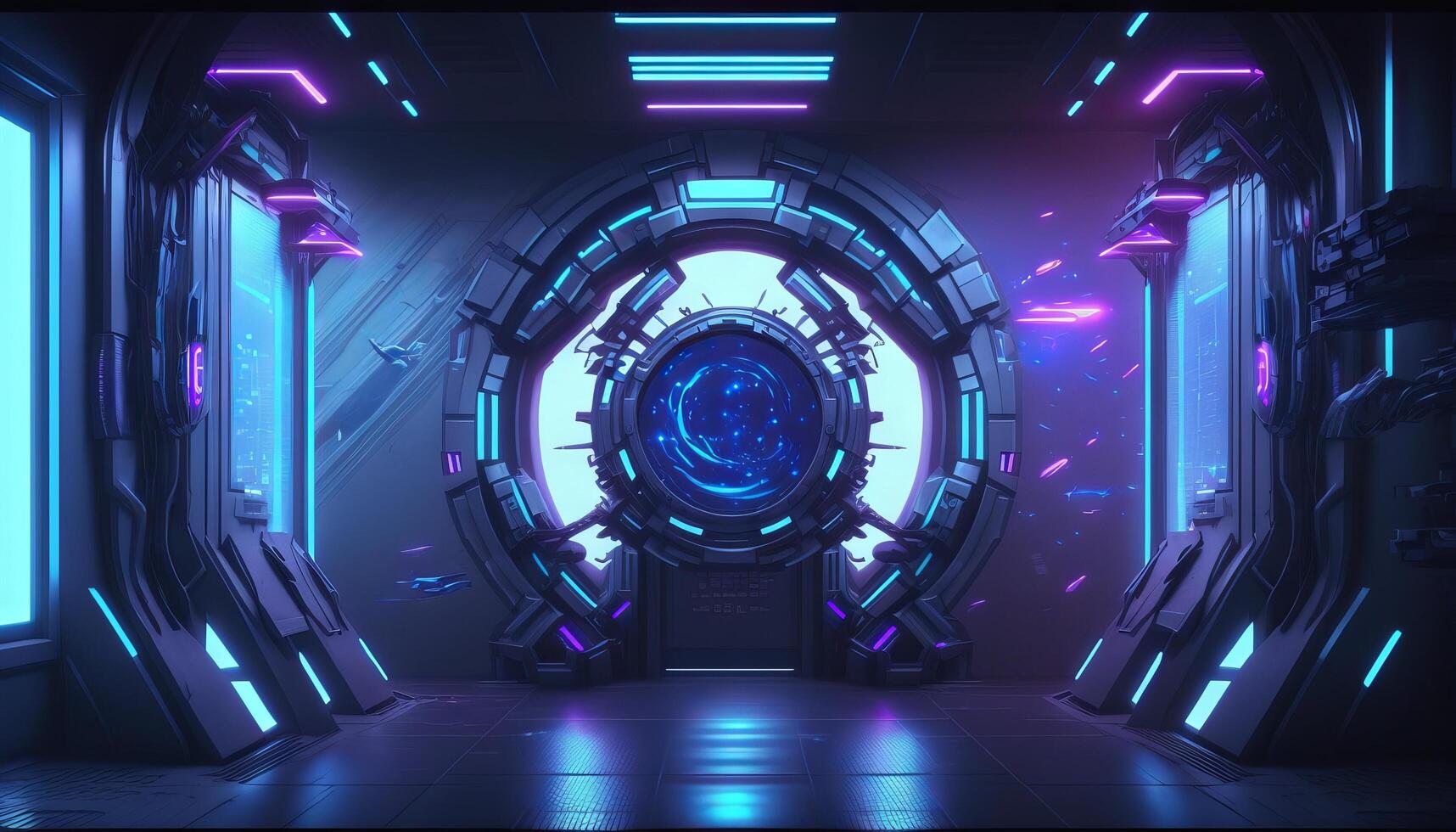 3d illustration of blue and purple futuristic sci-fi techno lights-cool background. photo