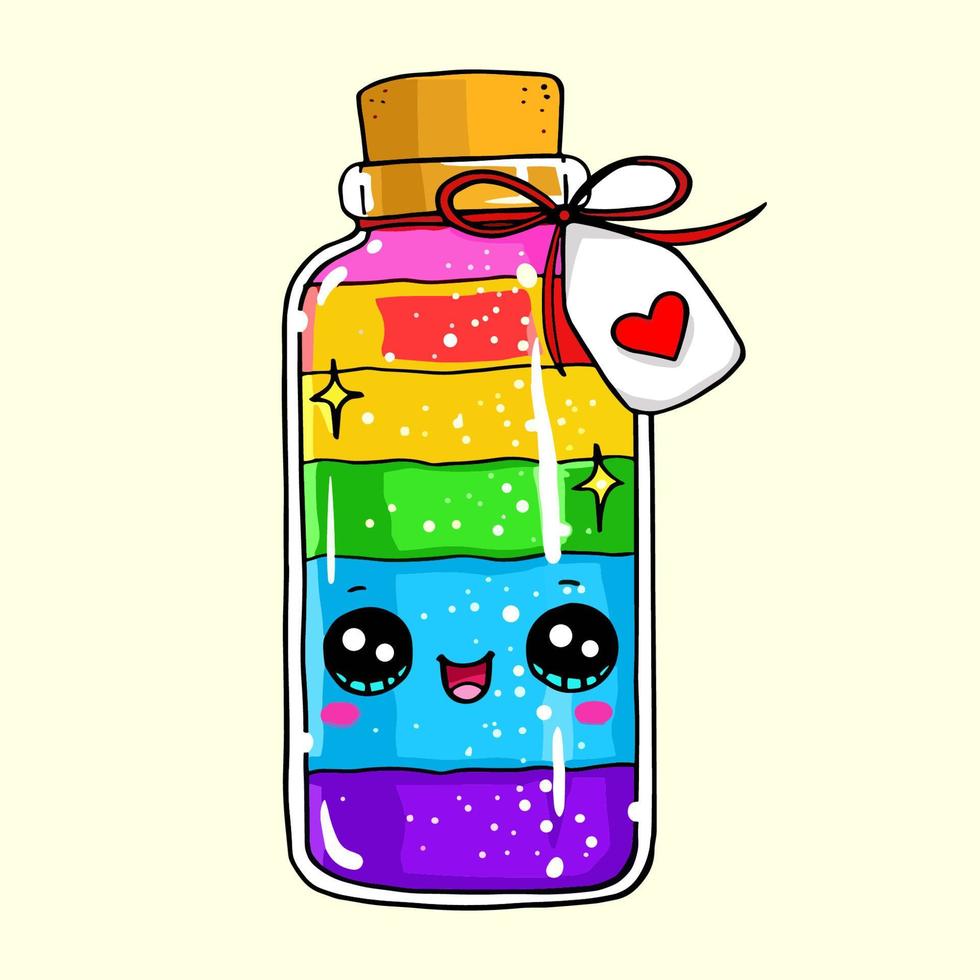 Bottle of rainbow colored liquid with a tag with heart icon. vector