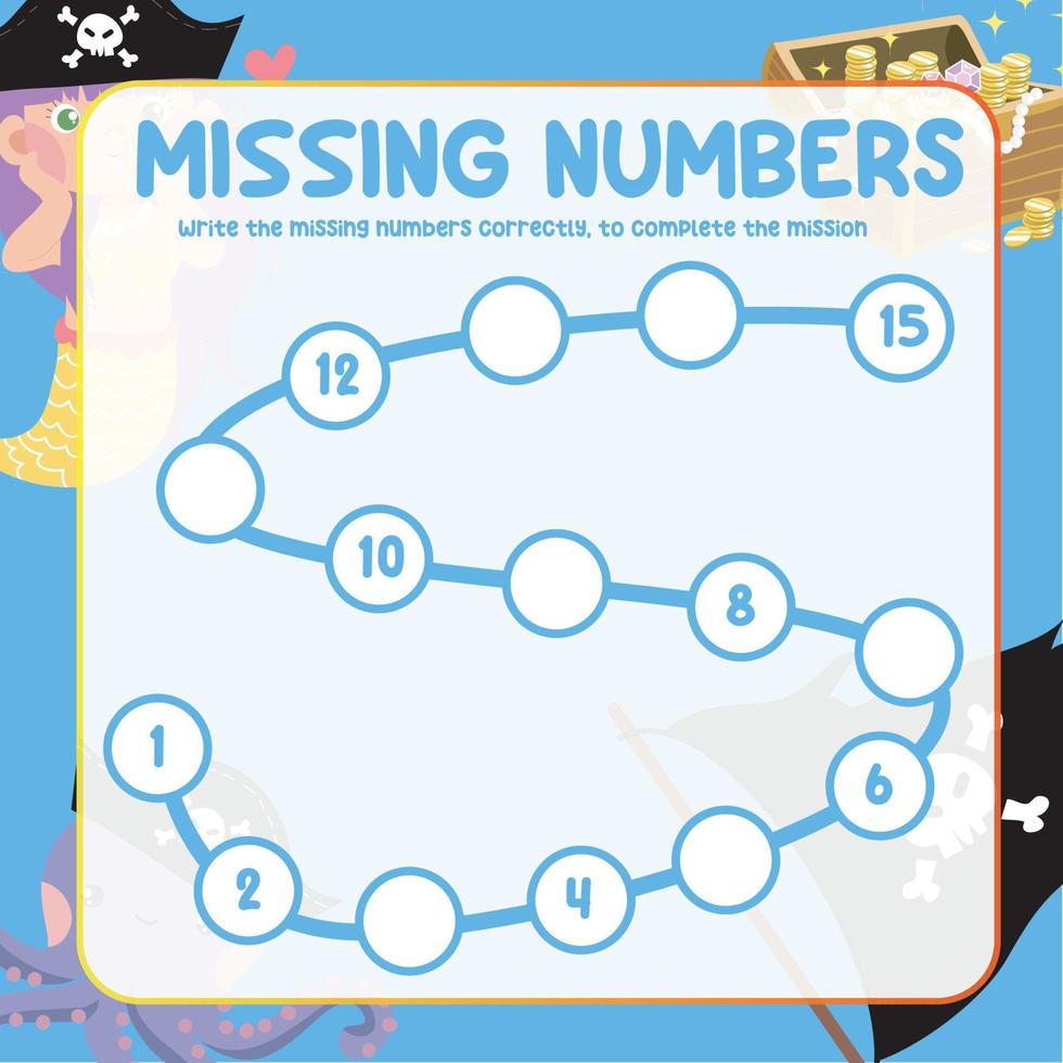 Missing numbers. Write the answer correctly. Educational printable math worksheet. Counting practice. Vector file.