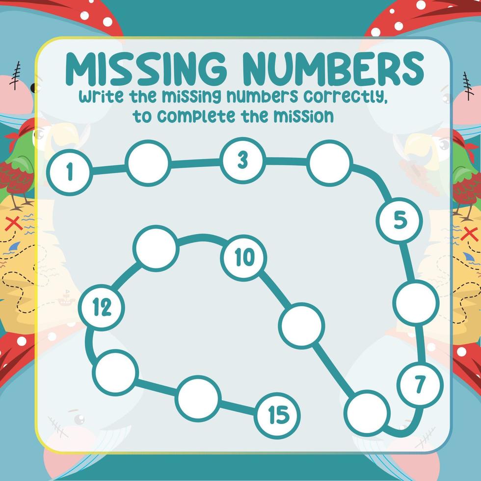 Missing numbers. Write the answer correctly. Educational printable math worksheet. Counting practice. Vector file.