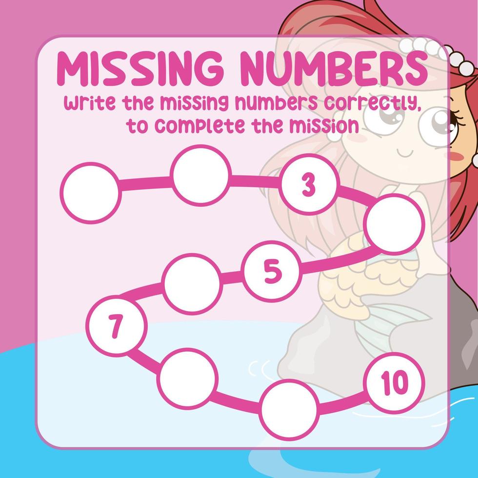 Missing numbers. Write the answer correctly. Educational printable math worksheet. Counting practice. Vector file.