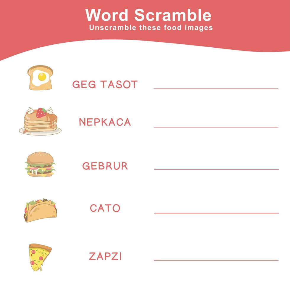 Spelling Word Scramble Game Foods Edition. Worksheet for learning English. Educational activity for preschool kids. Preschool Education. Vector illustration.