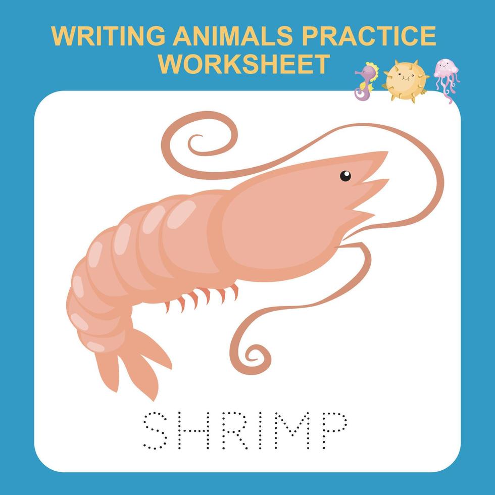 Illustration of writing animals practice worksheet. Educational printable worksheet. Writing activity for children. Exercises lettering game for kids. Vector illustration.