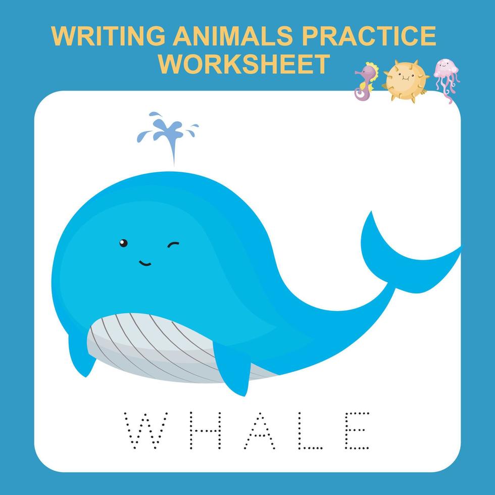 Illustration of writing animals practice worksheet. Educational printable worksheet. Writing activity for children. Exercises lettering game for kids. Vector illustration.