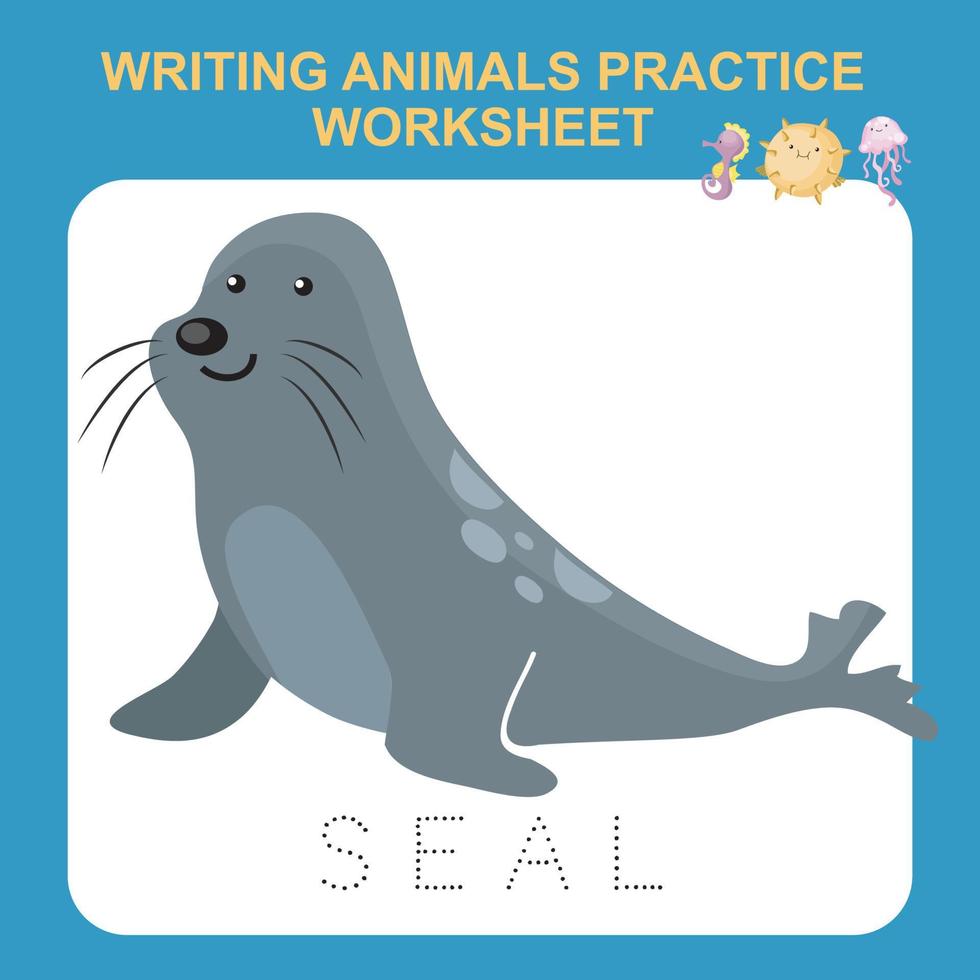 Illustration of writing animals practice worksheet. Educational printable worksheet. Writing activity for children. Exercises lettering game for kids. Vector illustration.