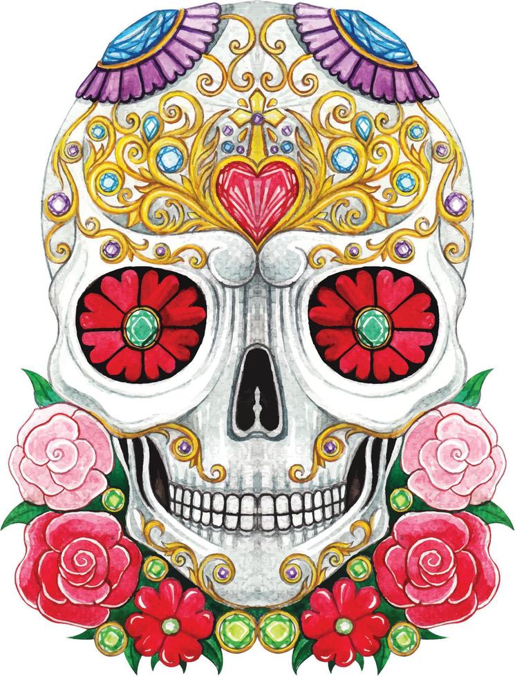 Art fancy skull day of the dead. Hand watercolor painting on paper. vector