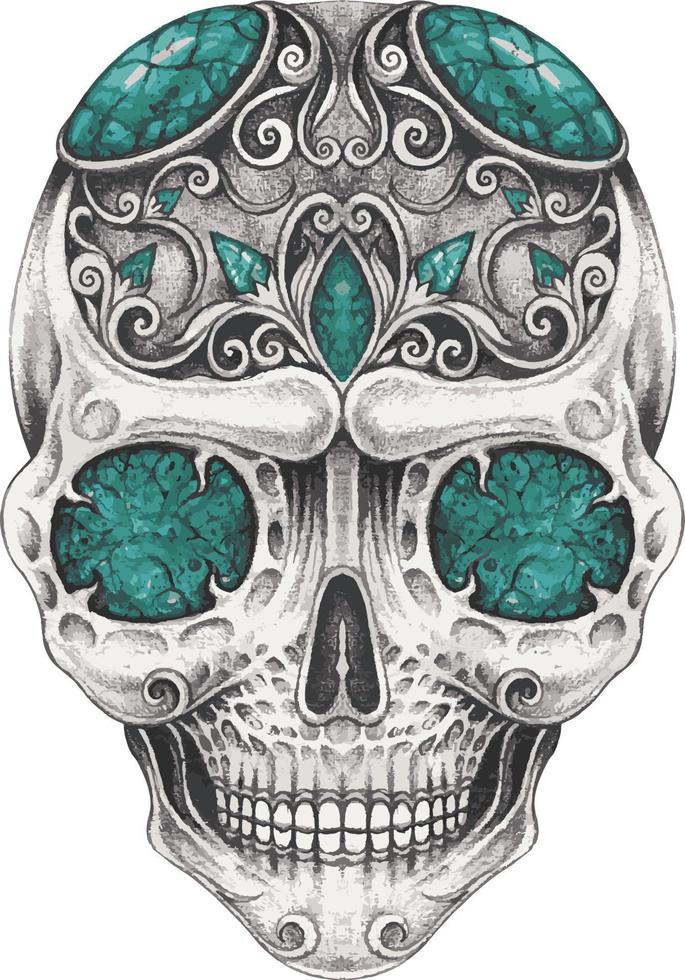 Art vintage mix turquoise stone fancy skull. Hand drawing and make graphic vector. vector