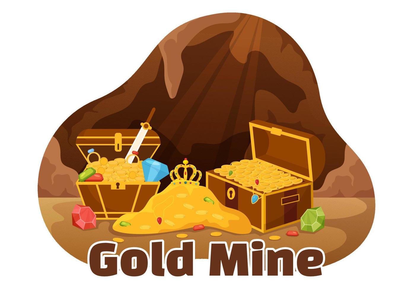 Gold Mine Illustration with Mining Industry Activity for Treasure, Pile of Coins, Jewelry and Gem in Flat Cartoon Hand Drawn Landing Page Templates vector