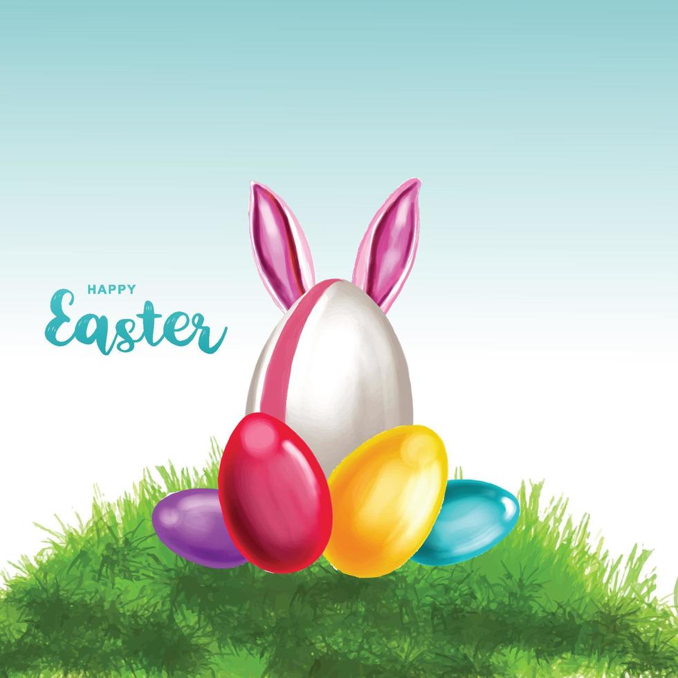 Happy easter colorful painted egg and rabbit ears holiday card background vector