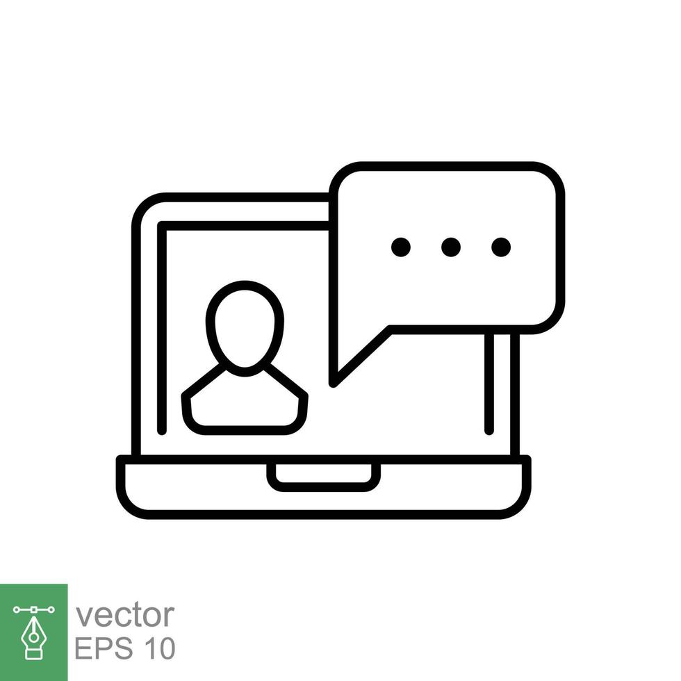Virtual learning icon. Video training, digital meeting on laptop, live talk concept. Simple outline style. Thin line symbol. Vector illustration isolated on white background. EPS 10.