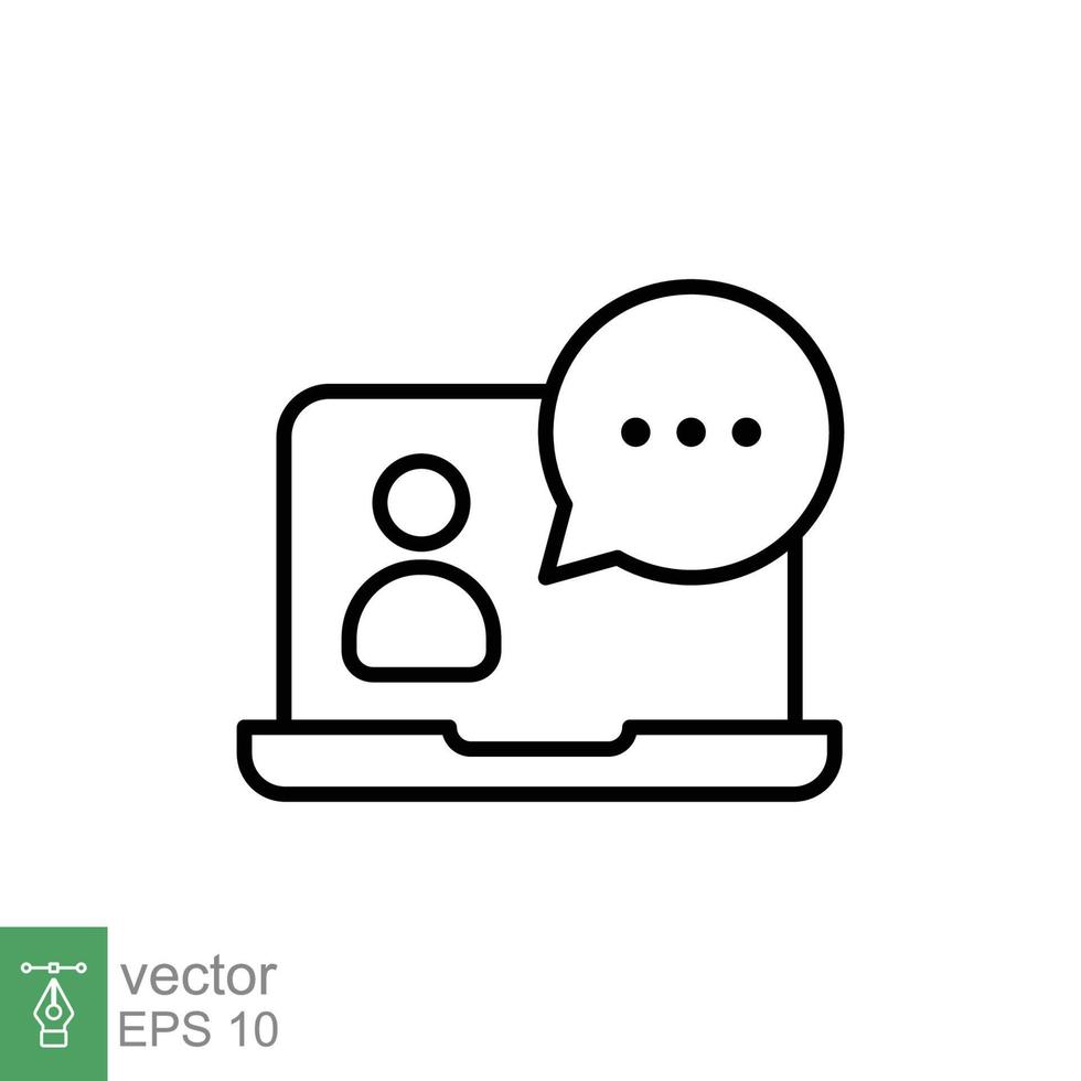 Virtual learning icon. Video training, digital meeting on laptop, live talk concept. Simple outline style. Thin line symbol. Vector illustration isolated on white background. EPS 10.