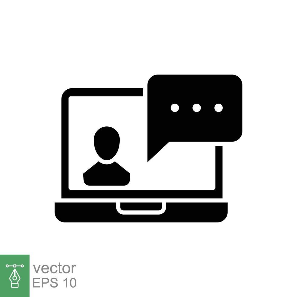 Virtual learning icon. Video training, digital meeting on laptop, live talk concept. Simple solid style. Black silhouette, glyph symbol. Vector illustration isolated on white background. EPS 10.