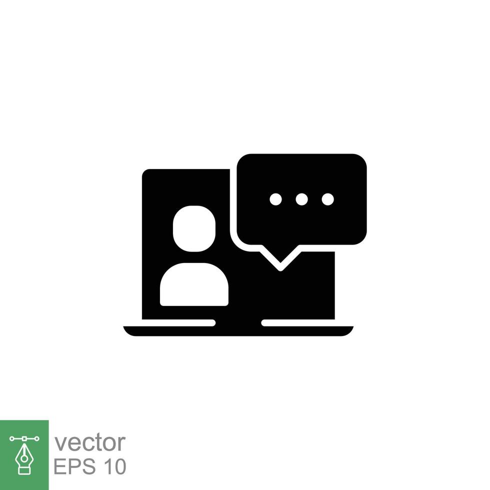 Virtual learning icon. Video training, digital meeting on laptop, live talk concept. Simple solid style. Black silhouette, glyph symbol. Vector illustration isolated on white background. EPS 10.