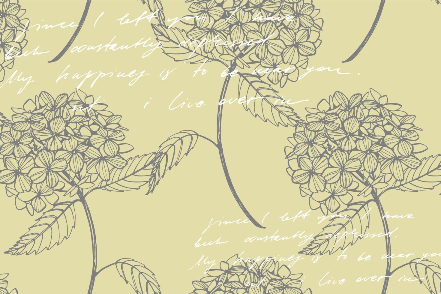 Hydrangea graphic illustration in vintage style. Flowers drawing and sketch with line-art on white backgrounds. Botanical plant illustration. Handwritten abstract text vector