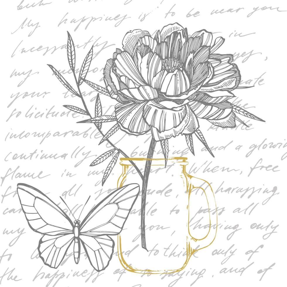 Peony flower and leaves drawing. Hand drawn engraved floral set. Botanical illustrations. Great for tattoo, invitations, greeting cards vector