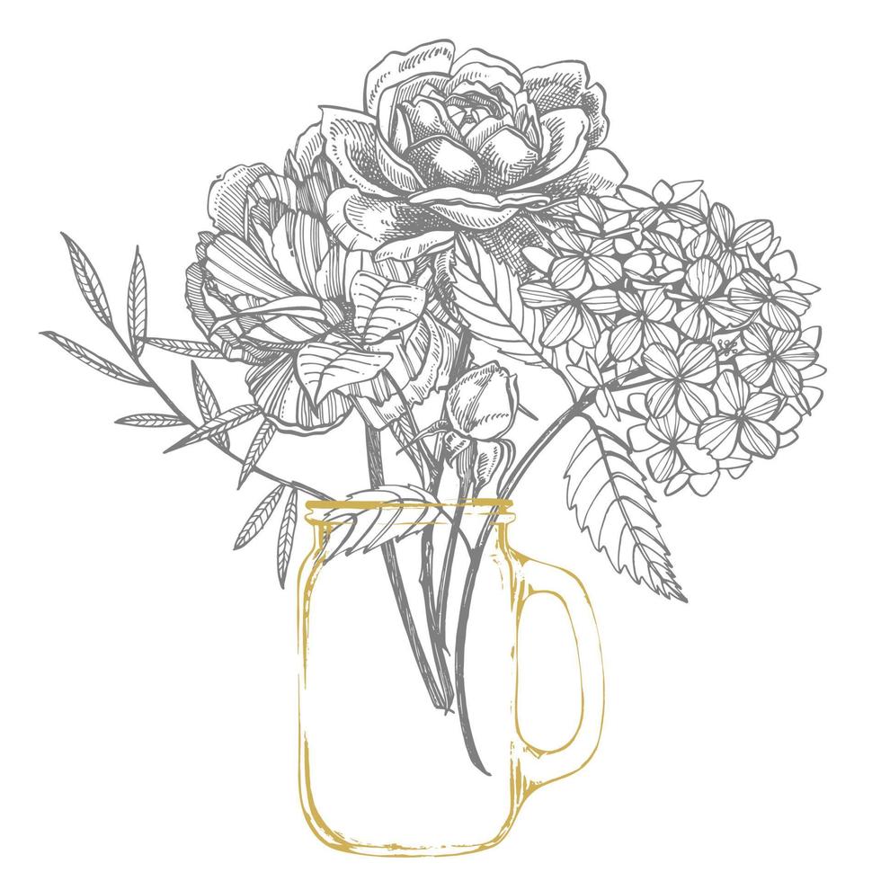 ramo. primavera flores y leña menuda. peonias, hortensia, Rosa. Clásico botánico ilustración. negro y blanco conjunto de dibujo acianos, floral elementos, mano dibujado botánico ilustración. vector