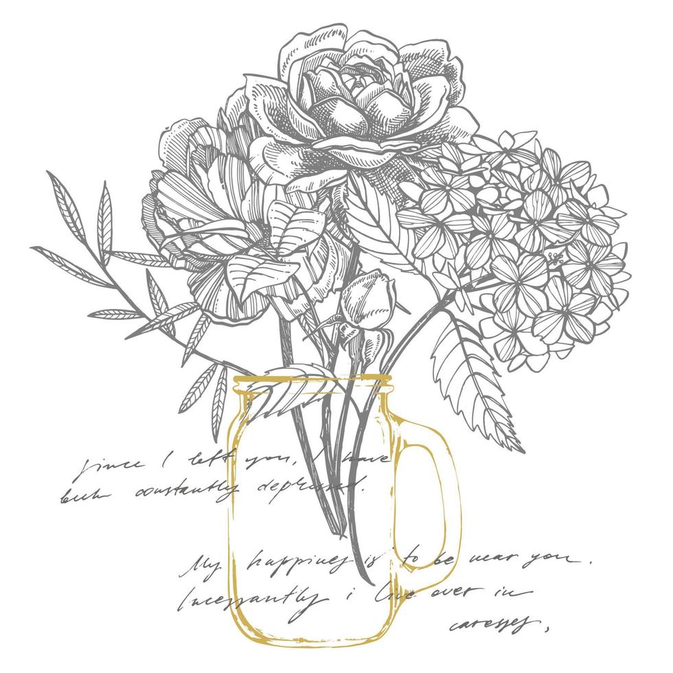 Bouquet. Spring Flowers and twigs. Peonies, Hydrangea, Rose. Vintage botanical illustration. Black and white set of drawing cornflowers, floral elements, hand drawn botanical illustration. vector