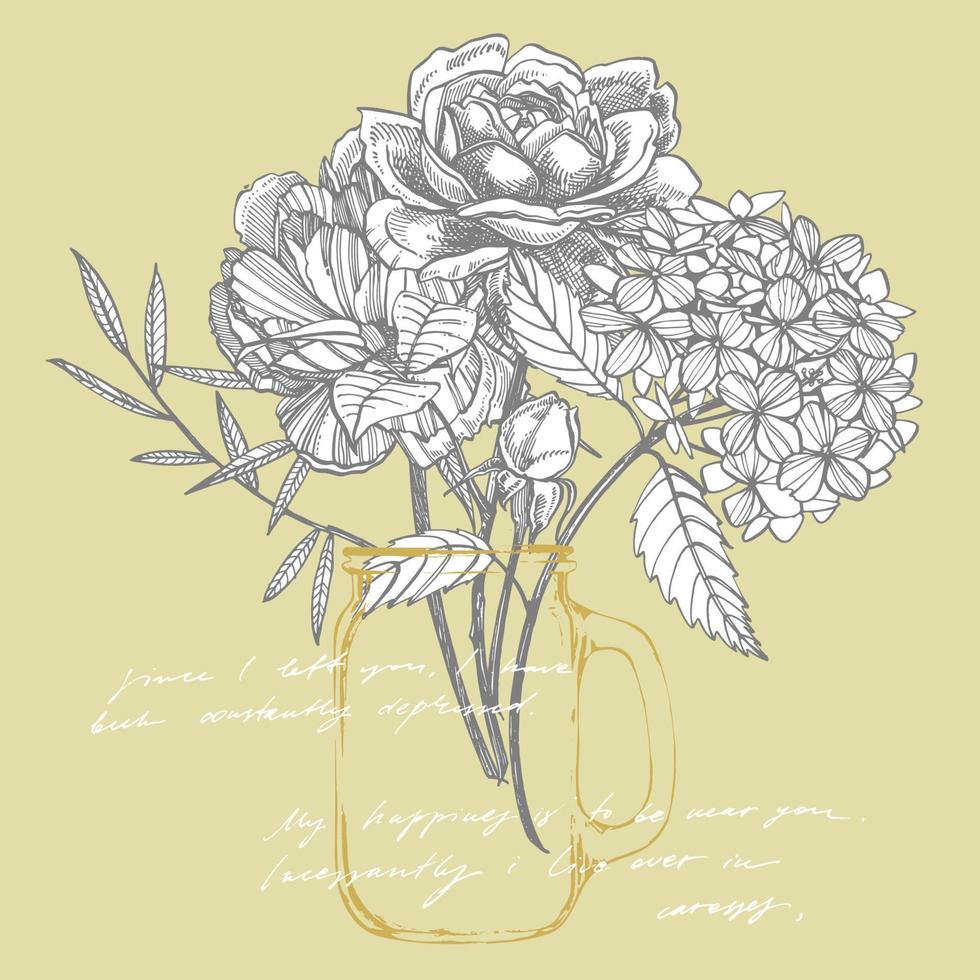 ramo. primavera flores y leña menuda. peonias, hortensia, Rosa. Clásico botánico ilustración. negro y blanco conjunto de dibujo acianos, floral elementos, mano dibujado botánico ilustración. vector