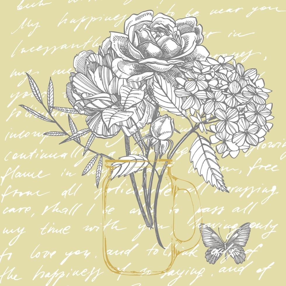 ramo. primavera flores y leña menuda. peonias, hortensia, Rosa. Clásico botánico ilustración. negro y blanco conjunto de dibujo acianos, floral elementos, mano dibujado botánico ilustración. vector