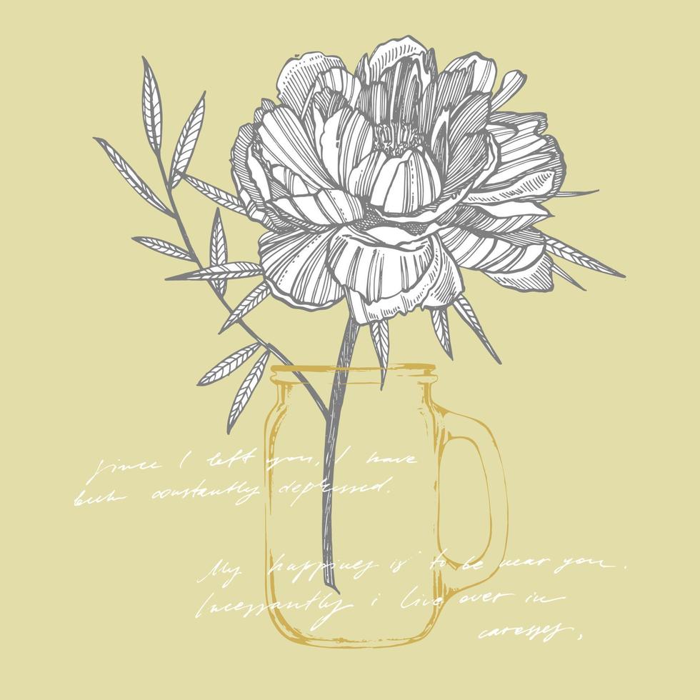 Peony flower and leaves drawing. Hand drawn engraved floral set. Botanical illustrations. Great for tattoo, invitations, greeting cards vector