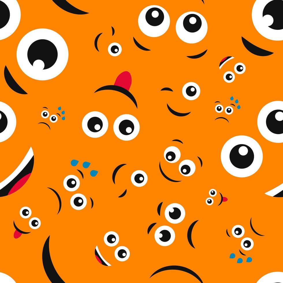 Cartoon faces with emotions. Seamless pattern with different emoticons on orange background. Vector illustration