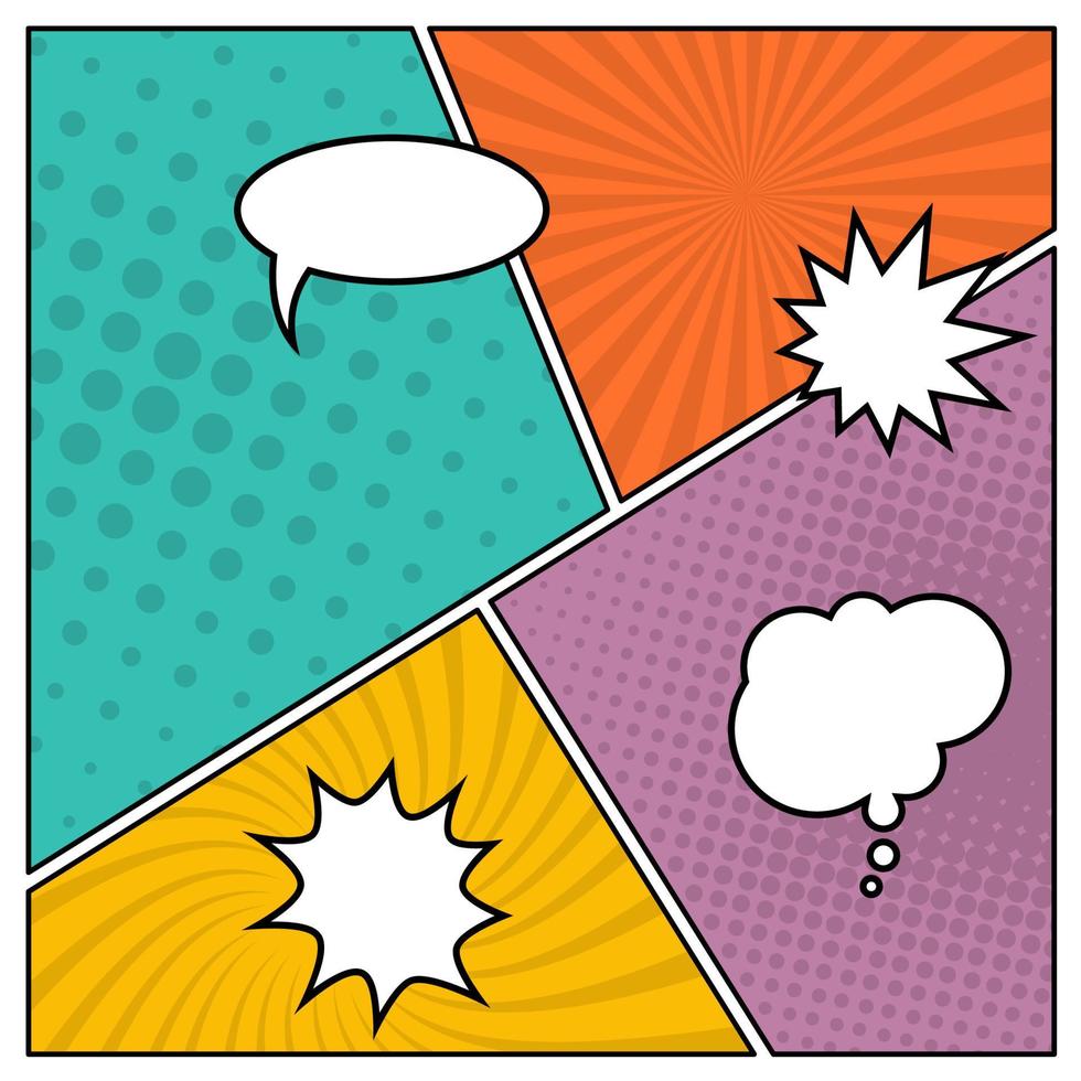 Colorful comic book page background in pop art style with empty speech bubbles. Template with rays and dots pattern. Vector illustration