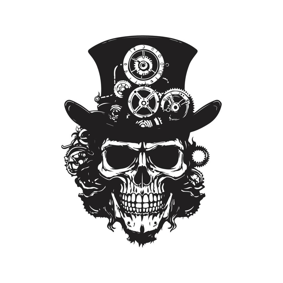 steampunk skull, logo concept black and white color, hand drawn illustration vector