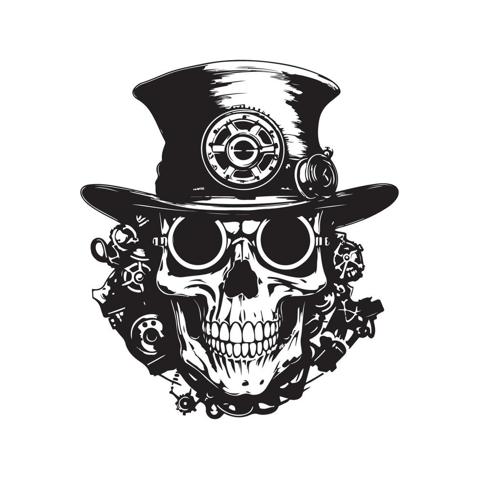 steampunk skull, logo concept black and white color, hand drawn illustration vector