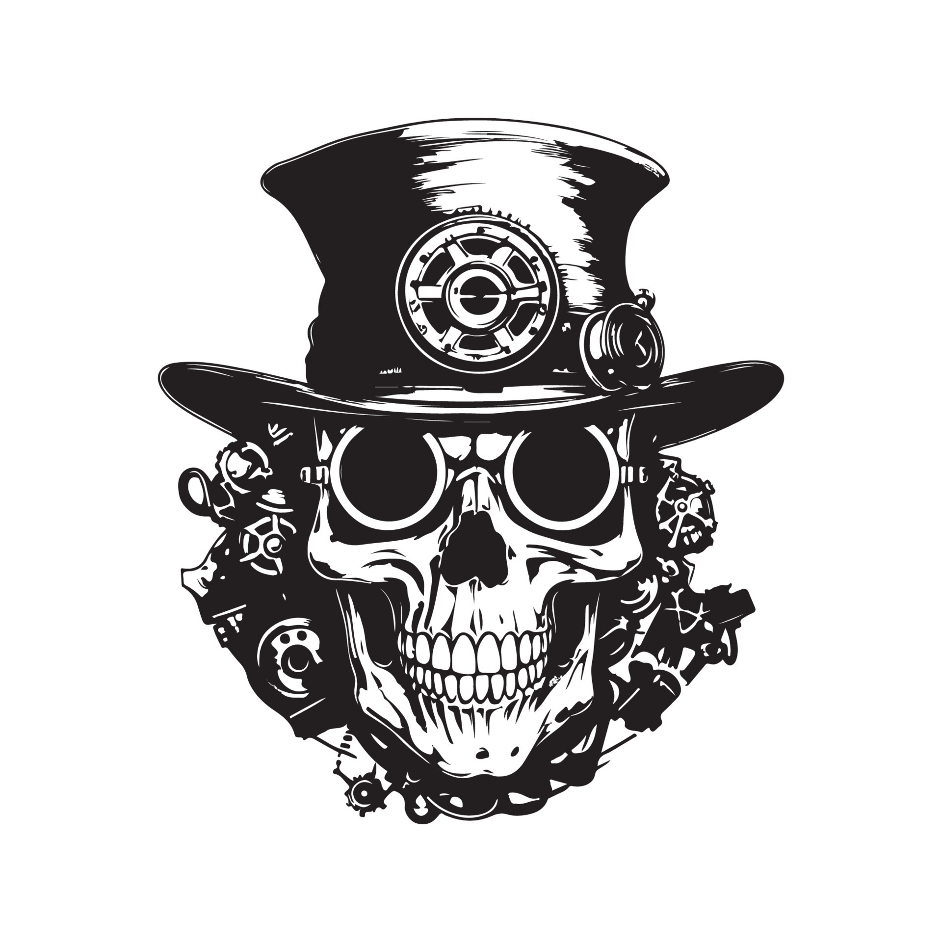 steampunk skull, logo concept black and white color, hand drawn