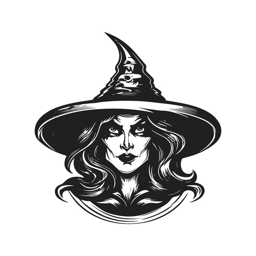 spooky witch, logo concept black and white color, hand drawn illustration vector