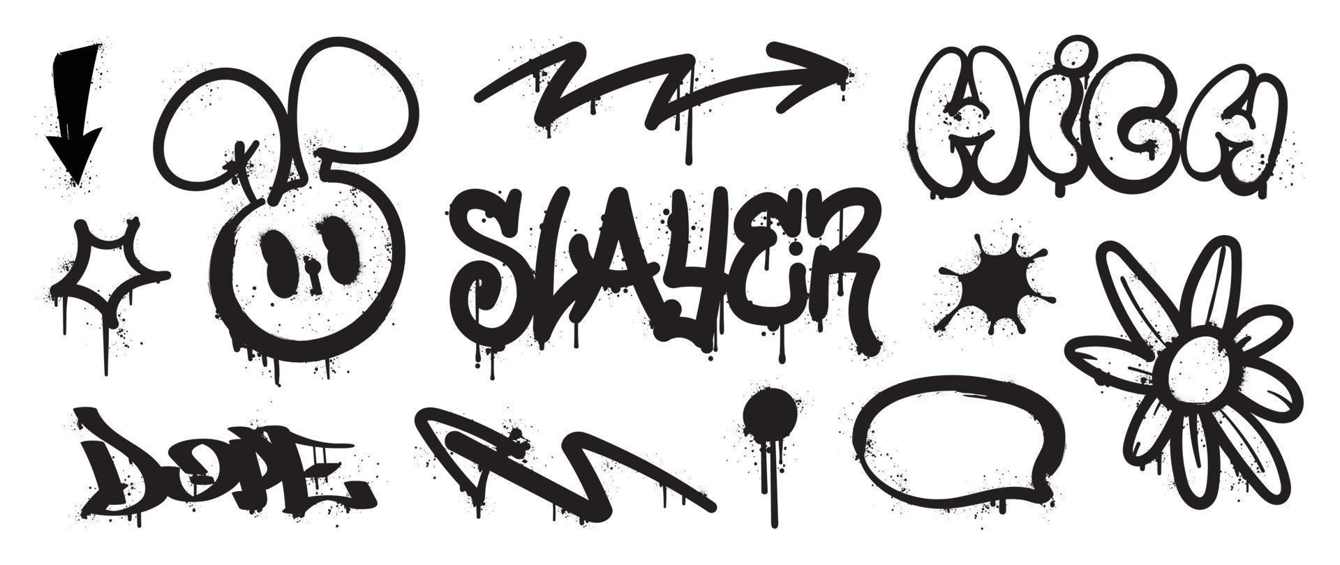 Set of graffiti spray pattern. Collection of black symbols, arrow, rabbit, text, flower and stroke with spray texture. Elements on white background for banner, decoration, street art and ads. vector