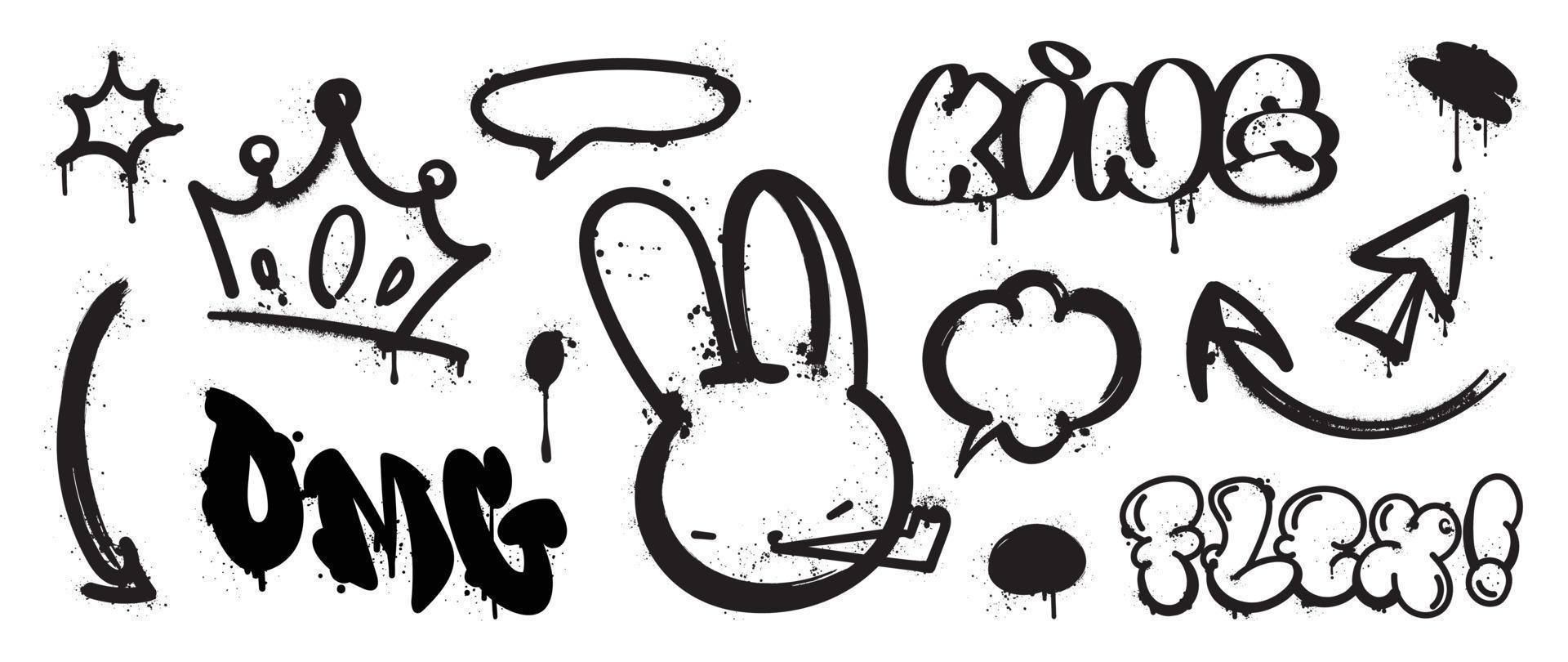 Set of graffiti spray pattern. Collection of black symbols, arrow, rabbit, text, crown and stroke with spray texture. Elements on white background for banner, decoration, street art and ads. vector
