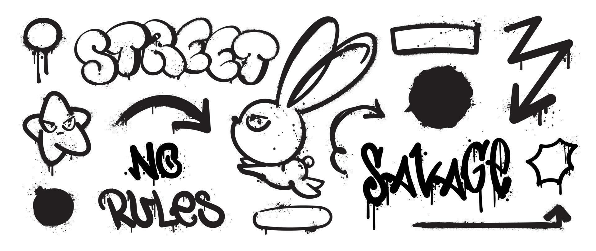 Set of graffiti spray pattern. Collection of black symbols, arrow, star, rabbit, text, bomb and stroke with spray texture. Elements on white background for banner, decoration, street art and ads. vector