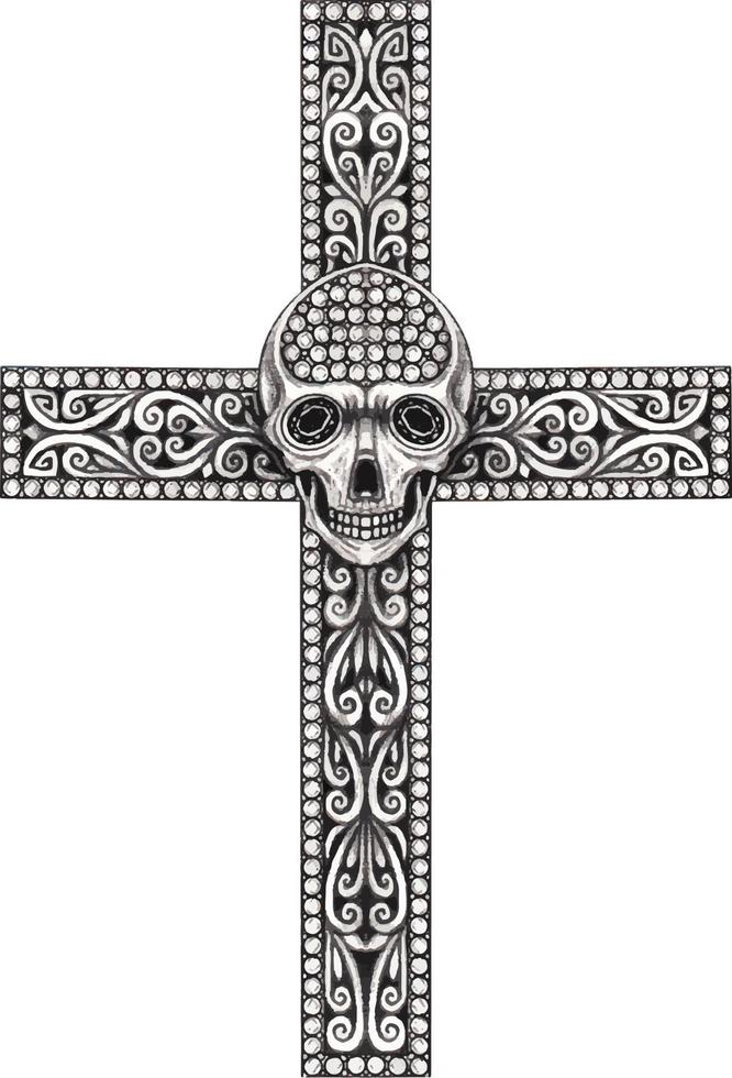 Art vintage mix skull and diamond cross. Hand drawing and make graphic vector. vector