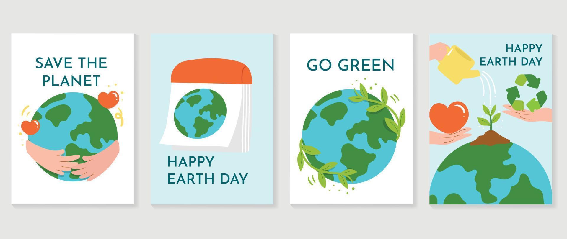 Happy Earth day concept, 22 April, cover vector. Save the earth, globe, plant trees, hugging earth, calendar, recycle. Eco friendly illustration design for web, banner, campaign, social media post. vector