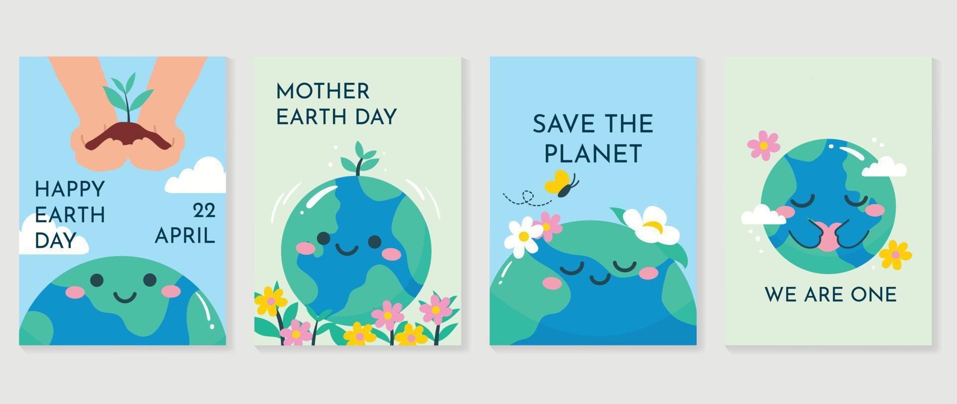 Happy Earth day concept, 22 April, cover vector. Save the earth, globe, plant trees, flower garden, cloud. Eco friendly illustration design for web, banner, campaign, social media post. vector