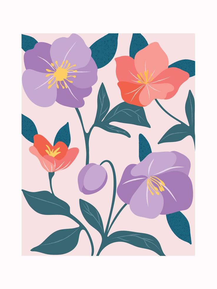Spring abstract flower background vector. Contemporary art design with floral, leaves, plant in hand drawn style. Botanical nature illustrated perfect for wall art, poster, wallpaper, cover, banner. vector