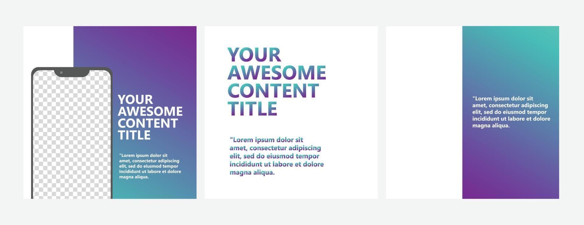 Gradient colored carousel social media post vector template. Three pages microblog style post featured by image space with phone screen as a frame.