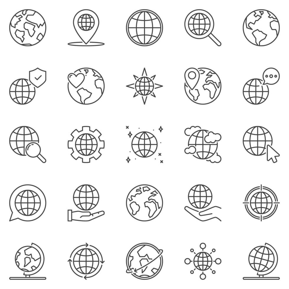 Earth Globe outline icons set - vector Planet concept symbols