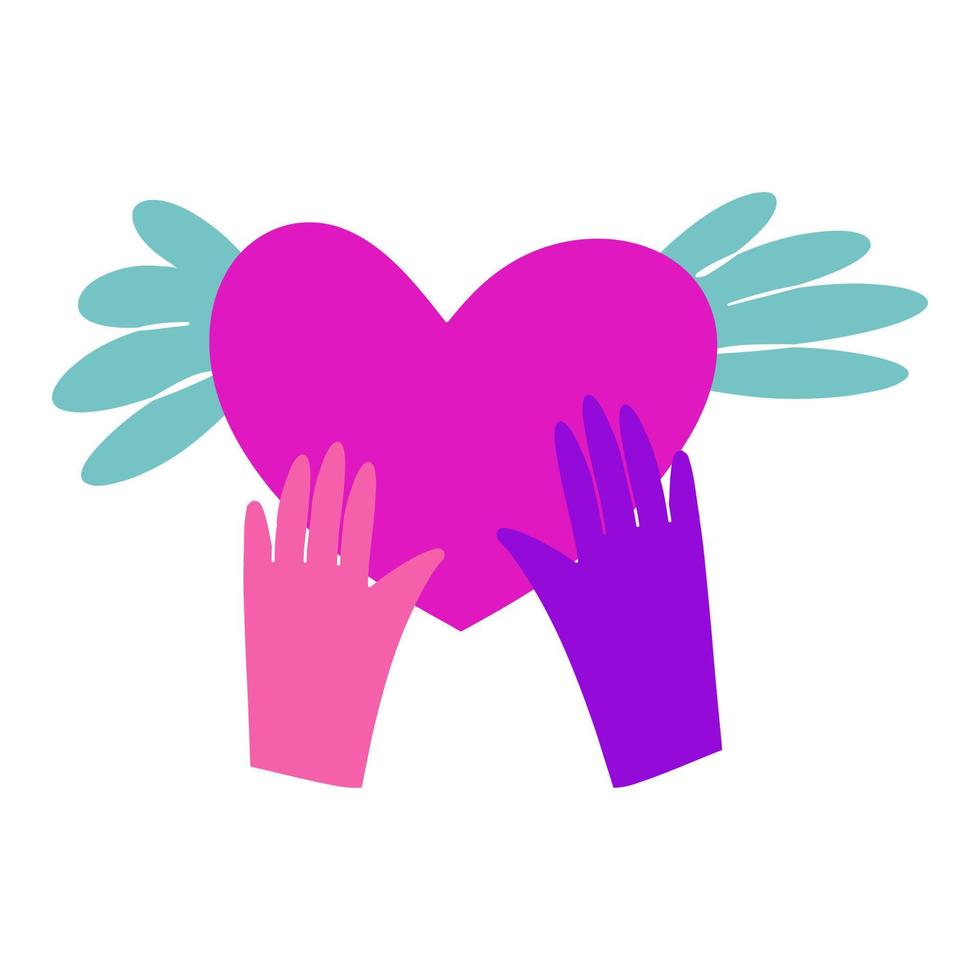 Hands release the winged heart. Hands holding a heart, give and share love to people concept. vector