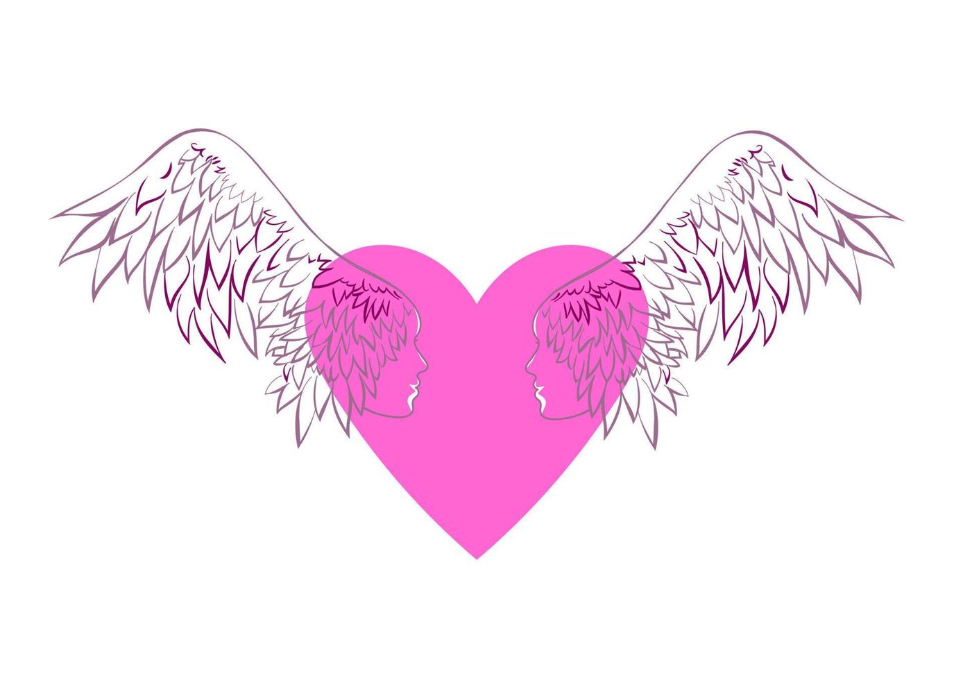 Two female faces with wings. Heart with wings vector